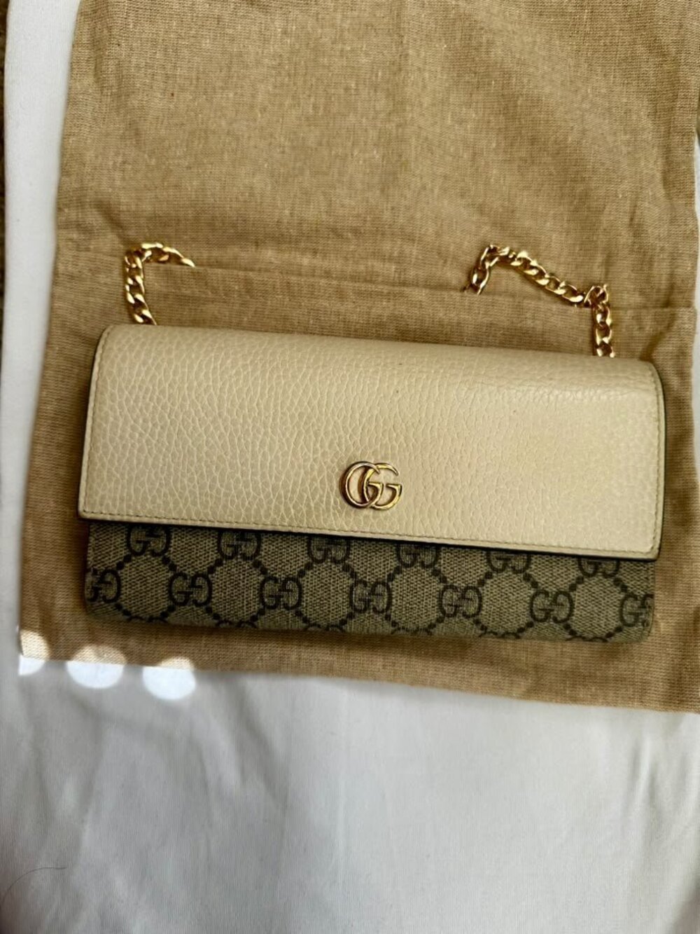 Gucci GG Marmont Petite Wallet Chain Bag GG Supreme Mystic White Beige